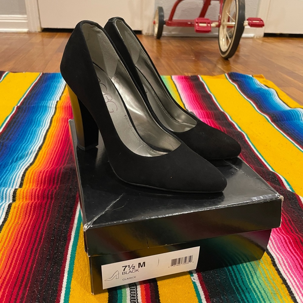 BCBG Chunky Heel Black Suede Pointed Toe Pumps